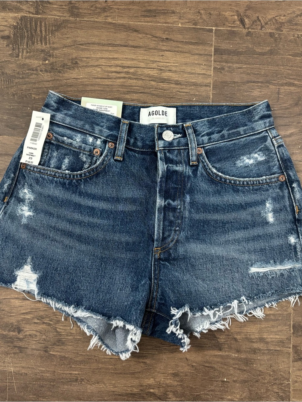 Agolde Dark Blue Distressed High-Rise Denim Shorts